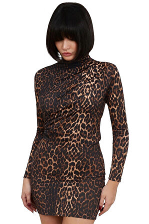 Likralı Büzgü Detaylı Leopar Desenli Elbise