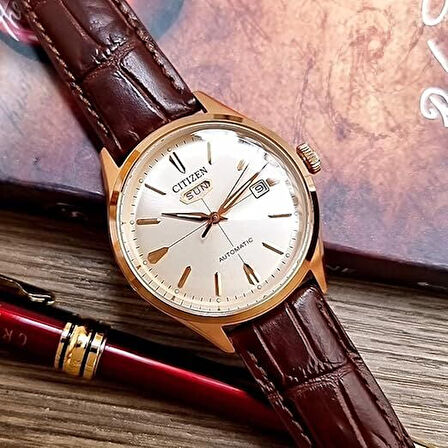 Citizen NH8393-05AC Erkek Kol Saati | 40.2 mm Rose Gold Kasa, Beyaz Kadran, Otomatik Mekanizma