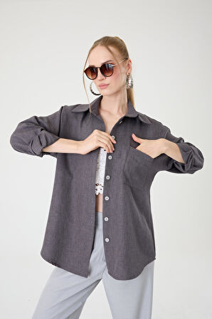 Tek Cepli Oversize Keten Gömlek- Antrasit