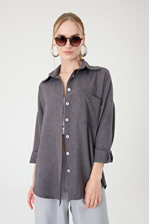 Tek Cepli Oversize Keten Gömlek- Antrasit