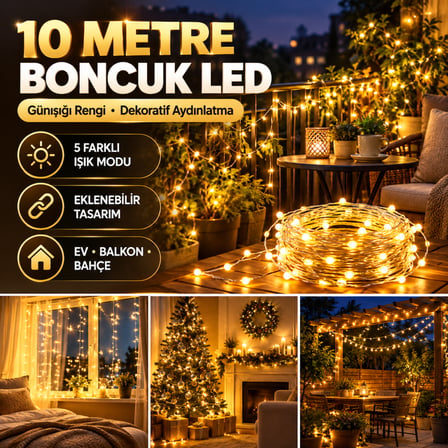 Bezos Günışığı Renk 5 Farklı Işık Modlu 10 Metre Eklemeli Dekor Boncuk Model Dekoratif Led NHR
