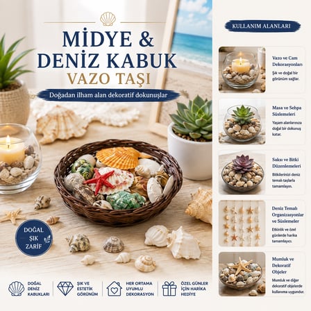 Bezos Yuvarlak Ahşap Sepet 54'lü Renkli Midye & Deniz Kabukları - Vazo Taşı Seti NHR