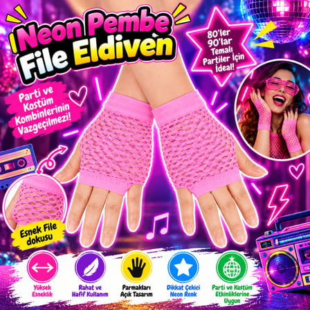 Bezos 80’ 90’lar Retro Neon Pembe File Parmaksız Kısa Eldiven 11 cm NHR