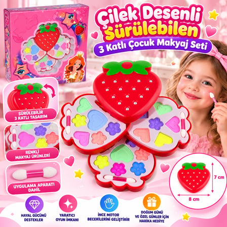 Bezos Çilek Desenli Sürülebilen 3 Katlı Çocuk Makyaj Seti NHR