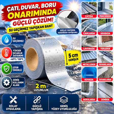 Bezos 2 Mt Yüksek Sıcaklık Dayanan Su Geçirmez Çatı Duvar Çatlak Onarıcı Yapışkan Bant Folyo 5 Cm NHR