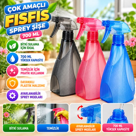 Bezos Çok Amaçlı Fısfıs Çiçek Sulama Plastik Su Sprey Şişesi 700 ml TP-219 - 1 Adet Stokta Olan Renk Gönderilir NHR