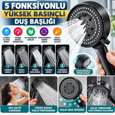 Bezos 5 Fonksiyonlu Yüksek Basınçlı Ayarlanabilir Siyah Duş Başlığı NHR