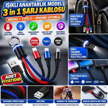 Bezos Işıklı Anahtarlık Model 3 in 1 USB Çıkışlı MİKRO,TYPE-C ve İphone Uyumlu Şarj Kablosu NHR