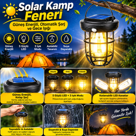 Bezos Solar Kamp Feneri – Güneş Enerjili, Otomatik Şarj ve Gece Işığı, Taşınabilir ve Asılabilir LED Dış Mekan Lamba NHR