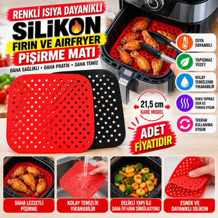 Bezos Renkli Isıya Dayanıklı Yıkanılabilir Silikon Fırın Ve Airfryer Kare Pişirme Matı 21,5 Cm (adet fiyatıdır) NHR