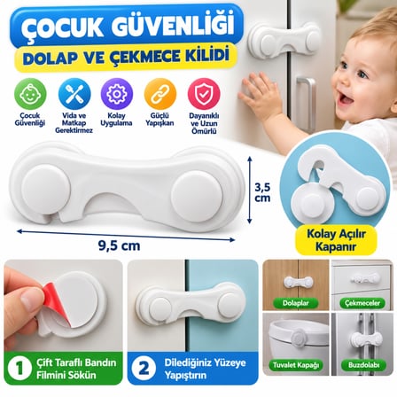 Bezos Bebek Çocuk Güvenliği Çekmece ve Dolap İçin Kendiliğinde Yapışkanlı Vidasız Kapak Kilidi NHR