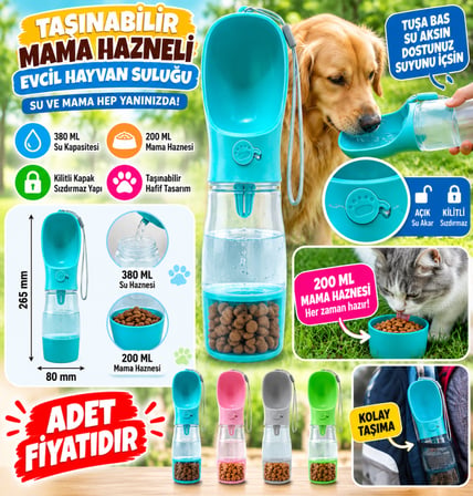 Bezos Taşınabilir Mama Hazneli Evcil Hayvan Suluğu Seyahat Kabı Kilitlenebilen Su Sızdırmaz 380ML (adet fiyatıdır) NHR