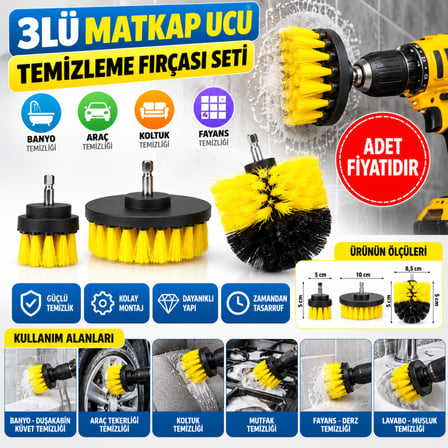 Bezos 3lü Matkap Ucu Banyo Küvet Duşakabin Araba Tekerliği Koltuk Yıkama Temizleme Fırçası Seti NHR