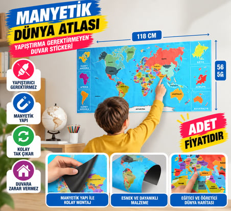 Bezos Renkli Atlas Dünya Haritası Manyetik Yapıştırıcı Gerektirmeyen Duvar Stickerı 118 CM * 56 CM (adet fiyatıdır) NHR