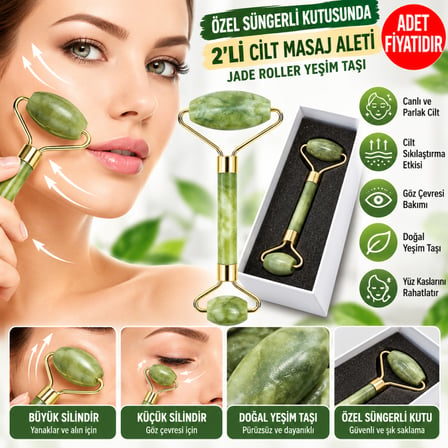 Bezos Özel Süngerli Kutusunda Kırılmaz Çift Taraflı 2li Cilt Yüz Masaj Aleti Jade Roller Yeşim Taş NHR