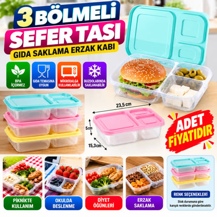 Bezos 3 Bölmeli Sefer Tası Pratik Kolay Gıda Diyet Saklama Erzak Kabı (adet fiyatıdır) NHR