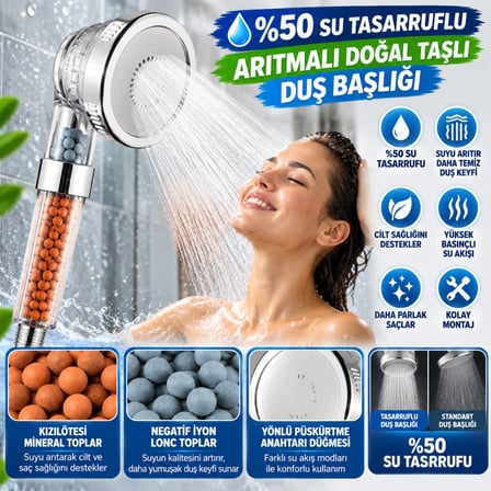 Bezos %50 Su Tasarruflu ve Arıtmalı Doğal Taşlı Banyo El Duş Başlığı NHR
