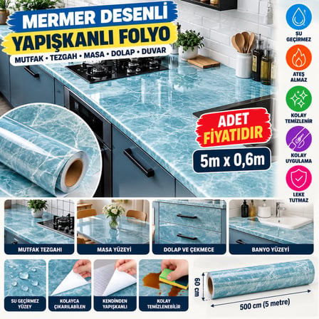 Bezos Mermer Desenli Masa Tezgah Mutfak Su Geçirmez Yapışkanlı Folyo Sticker Mavi 5x0,6m NHR