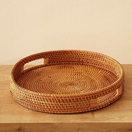 Bohem Rattan Kulplu Yuvarlak Tepsi 35x6 cm Large, Iskandinav, Modern