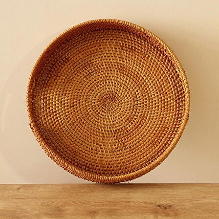 Bohem Rattan Kulplu Yuvarlak Tepsi 35x6 cm Large, Iskandinav, Modern