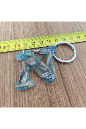 "N" HARFİ - Açık Mavi Deniz Epoksi Harf Anahtarlık – Gerçek Deniz Kabuğu, El Yapımı, Benzersiz