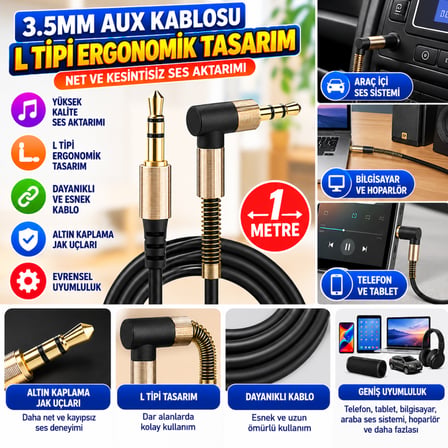 Bezos 3.5mm AUX Kablosu Jak Erkek Erkek L Tipi 1 Metre Ses Aktarım Kablosu NIDA