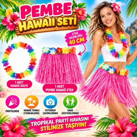 Bezos Hawaii Luau Aloha Pembe Püsküllü 40 cm Etek ve Hawaii Kolye Seti NIDA