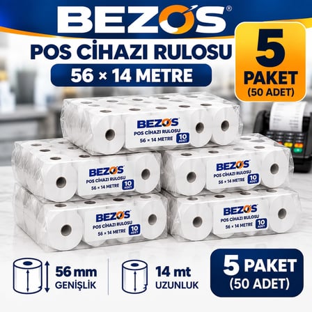 Bezos Termal POS Cihazı Rulosu 56 mm x 14 m - 50 Adet (5 Paket) Yazar Kasa Slip Rulosu NIDA
