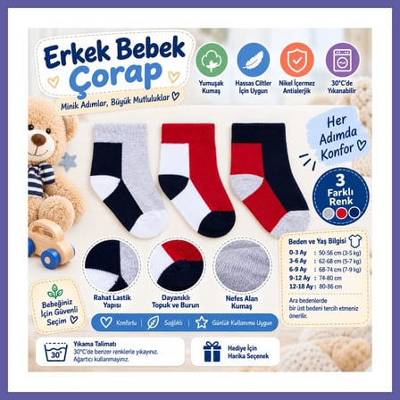 Bezos Assn Erkek Bebek Çorap USB2202 Gri Melanj (adet fiyatıdır) · Beden: 3-6 Ay · Renk: Gri Melanj NIDA