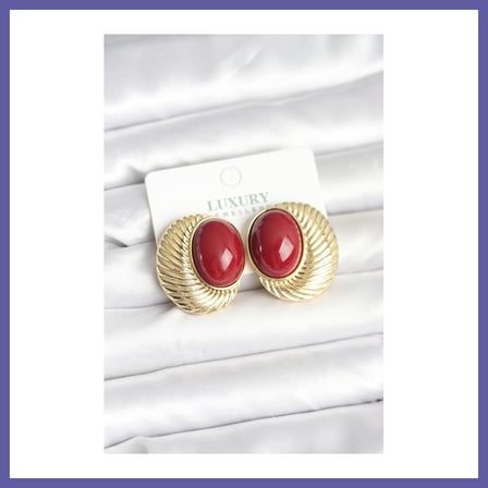 Bezos Pirinç Gold Renk Bordo Boncuklu Oval Vintage Kadın Küpe NIDA