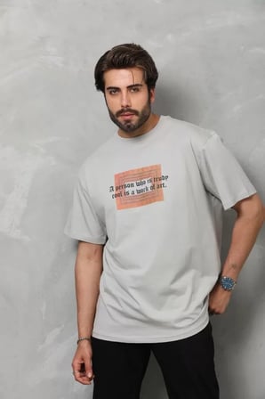 NİDAMBUTİK Unisex Bisiklet Yaka Baskılı Oversize T-Shirt - Gri