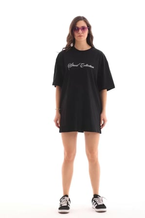NİDAMBUTİK Unisex Bisiklet Yaka Baskılı Oversize T-Shirt - Siyah