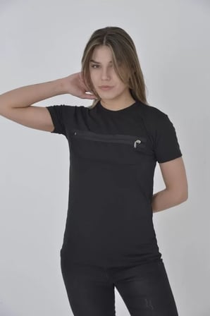 NİDAMBUTİK Göğüste Fermuar Aksesuarlı Dar Kalıp T-Shirt - Siyah