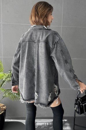 Çift Cepli Yırtık Detaylı Oversize Gömlek Ceket