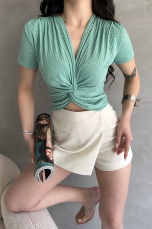 Kruvaze Yaka Crop Bluz