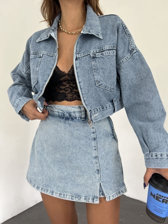 Fermuarlı Çift Cepli Denim Ceket