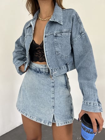 Fermuarlı Çift Cepli Denim Ceket