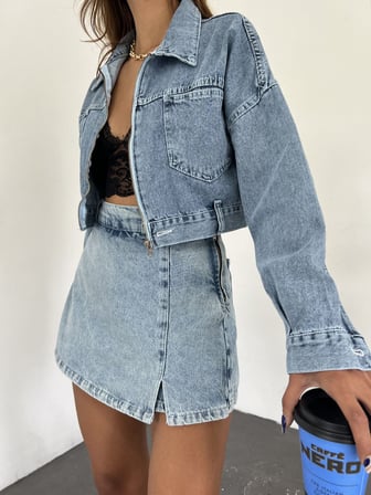 Fermuarlı Çift Cepli Denim Ceket