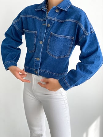 Çift Cepli Denim Crop Ceket