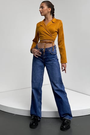 Gömlek Yaka Beli Bağlamalı Crop Bluz
