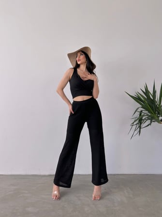 Kruvaze Yaka Crop Bluz Ve Detaylı Pantolon Triko İkili Takım