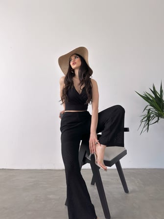 Kruvaze Yaka Crop Bluz Ve Detaylı Pantolon Triko İkili Takım
