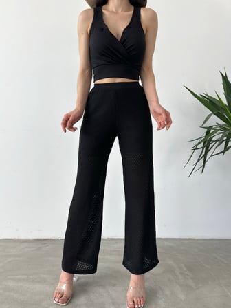Kruvaze Yaka Crop Bluz Ve Detaylı Pantolon Triko İkili Takım