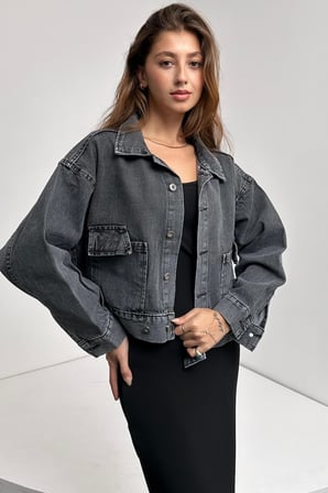 Çift Cep Beli Düğme Detaylı Denim Ceket