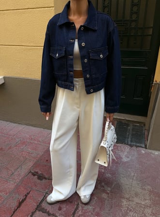 Çift Cep Denim Crop Ceket