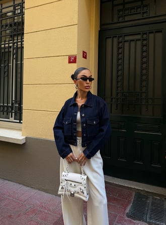 Çift Cep Denim Crop Ceket