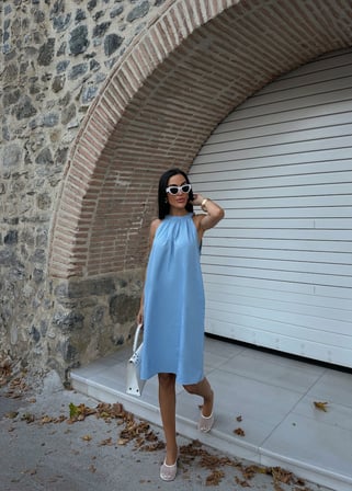 Halter Yaka Dokuma Midi Elbise