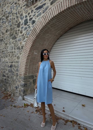 Halter Yaka Dokuma Midi Elbise