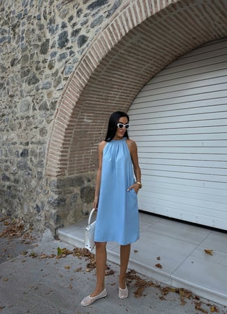 Halter Yaka Dokuma Midi Elbise