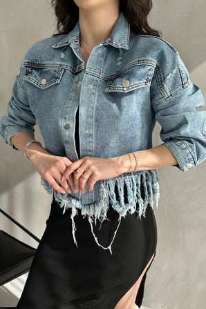 Püskül Detaylı Denim Crop Ceket